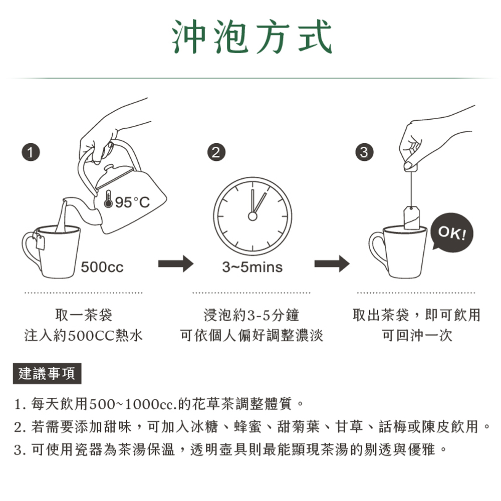 2. 若需要添加甜味,可加入冰糖、蜂蜜、甜菊葉、甘草、話梅或陳皮飲用。