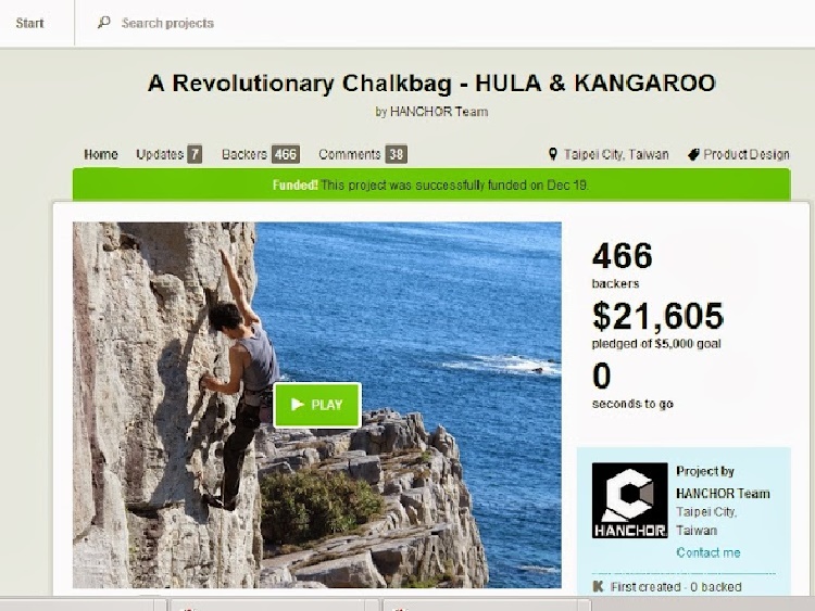 StartSearch projectsA Revolutionary Chalkbag -HULA & ANGAROOby HANCHOR TeamHome Updates 7 Backers 466 Comments   Taiwan Funded This project was successfully funded on Dec 19466backersPLAY$21,65pledged of $5,000 al0seconds to goProject byHANCHOR TeamTaipei CityHANCHOR TaiwanContact meK First created 0 backed