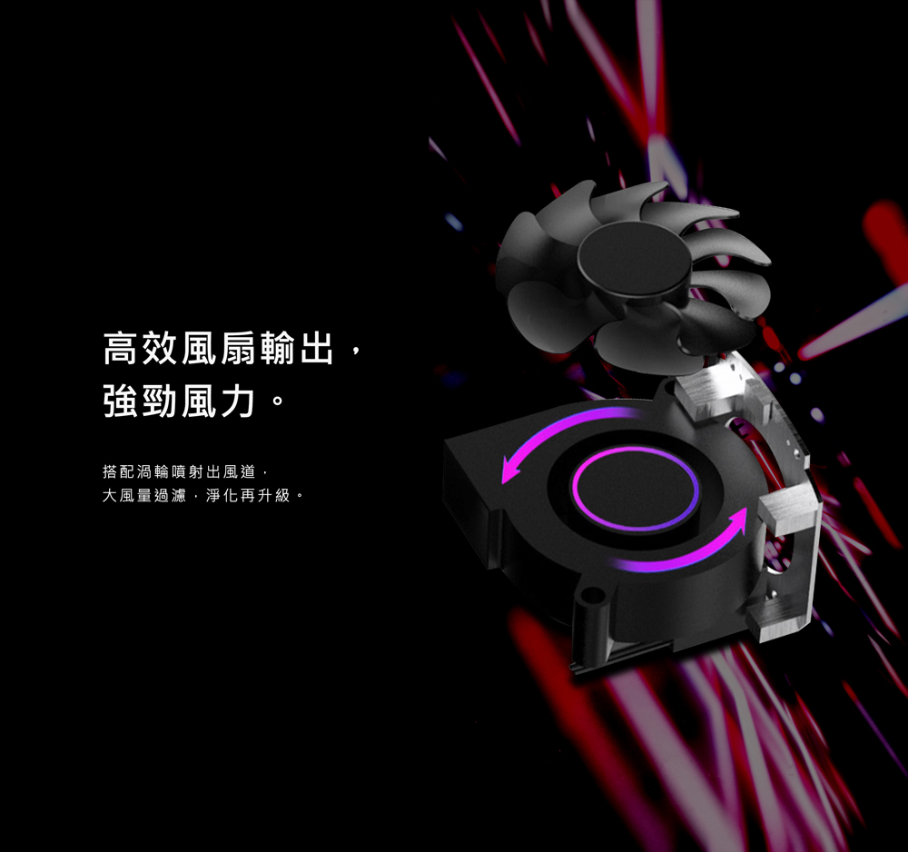 高效風扇輸出, 強勁風力。 搭配渦輪噴射出風道, 大風量過濾,淨化再升級。 