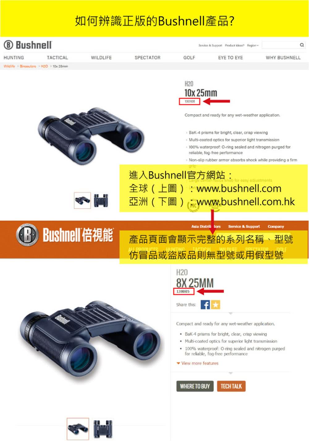 如何辨識正版的Bushnell產品 進入Bushnell官方網站 亞洲下圖www.bushnell.com.hk B Bushnell倍視能 產品頁面會顯示完整的系列名稱、型號 仿冒品或盜版品則無型號或用假型號 