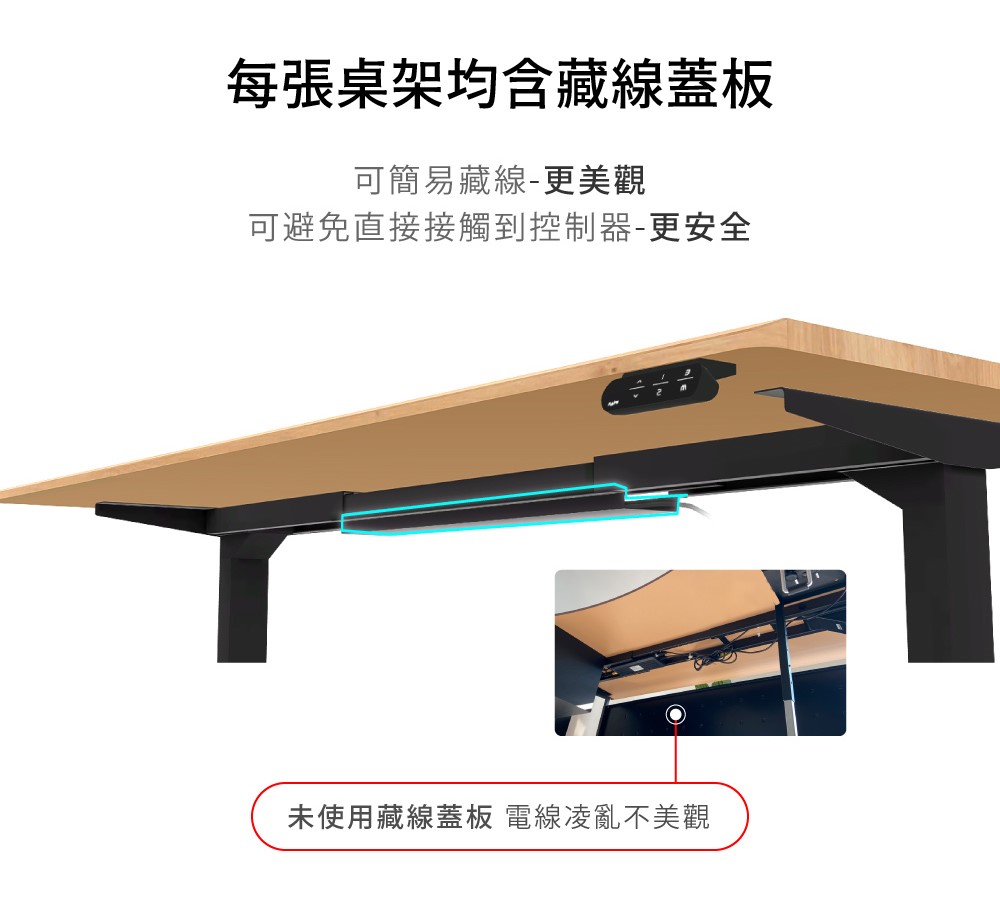 每張桌架均含藏線蓋板 可簡易藏線更美觀 可避免直接接觸到控制器更安全 未使用藏線蓋板 電線凌亂不美觀 
