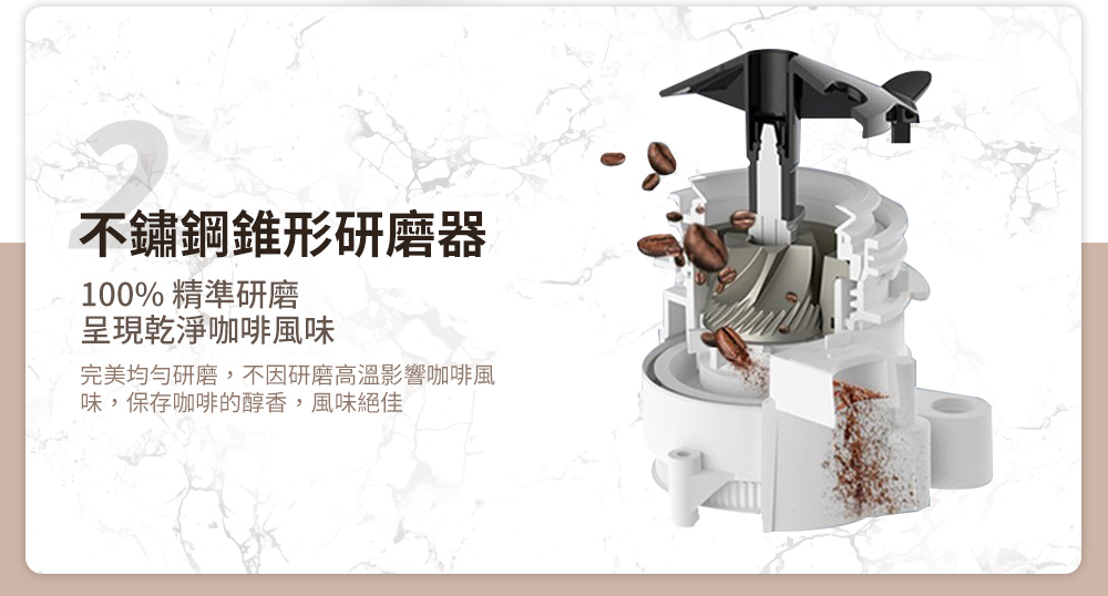 不鏽鋼錐形研磨器 100% 精準研磨 呈現乾淨咖啡風味 完美均勻研磨,不因研磨高溫影響咖啡風 味,保存咖啡的醇香,風味絕佳 