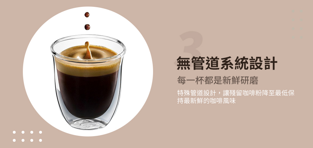 無管道系統設計 每一杯都是新鮮研磨 特殊管道設計,讓殘留咖啡粉降至最低保 持最新鮮的咖啡風味 