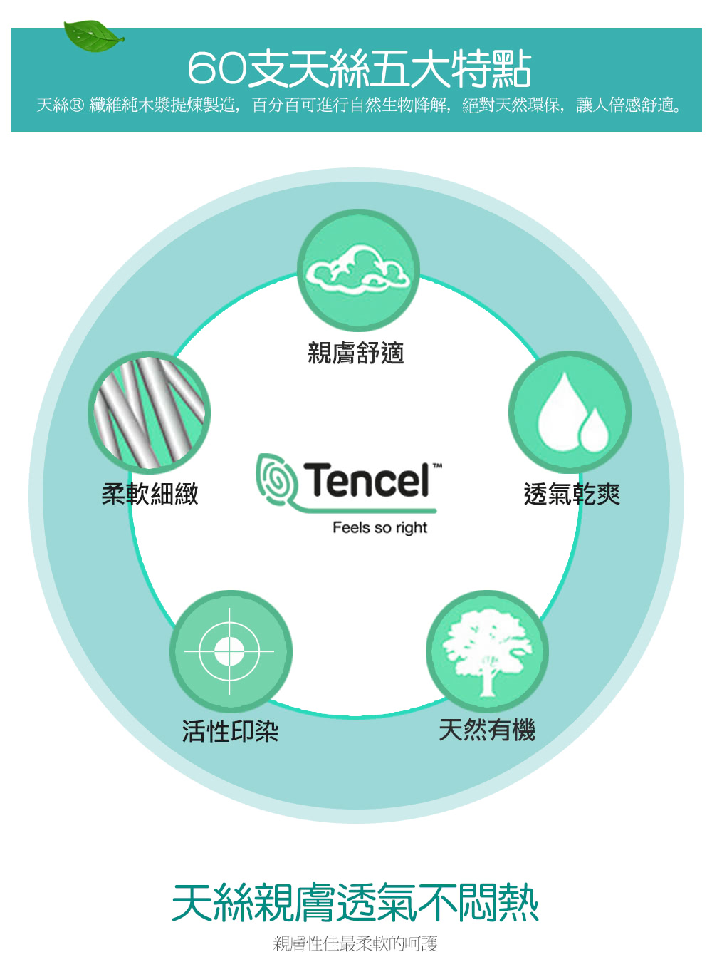 天絲 纖維純木漿提煉製造,百分百可進行自然生物降解,絕對天然環保,讓人倍感舒適。
