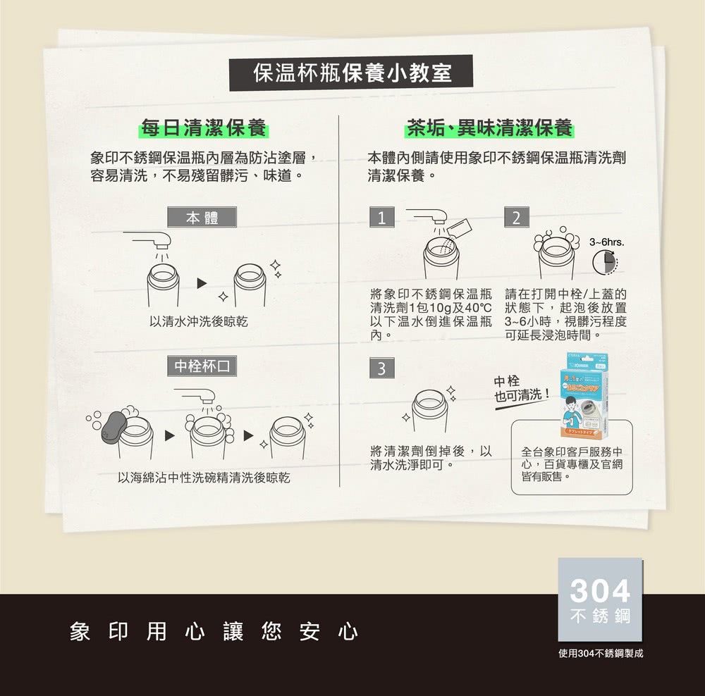 本體內側請使用象印不銹鋼保溫瓶清洗劑