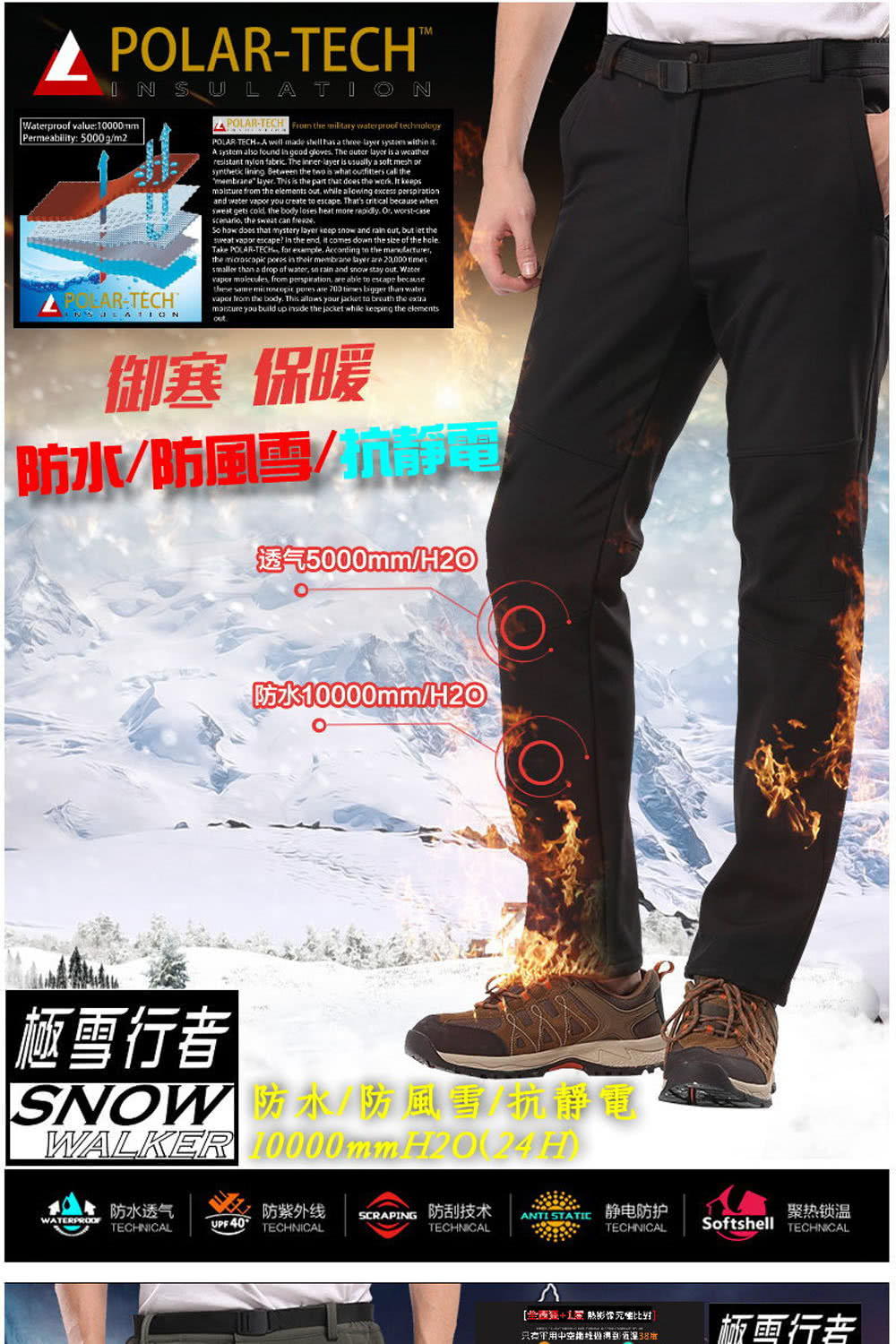 極雪行者】特種防水風雪polar-tech抗污抗靜電加Polar加厚絨衝鋒褲SW