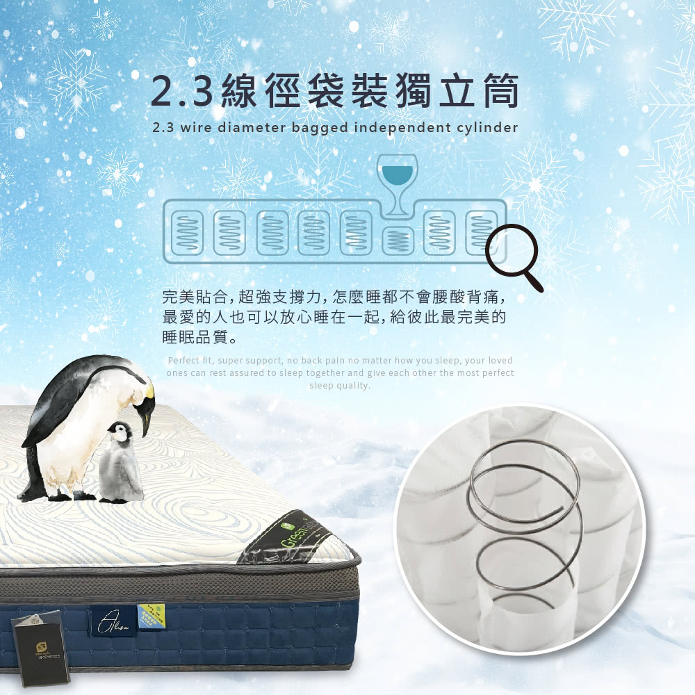 2.3線徑袋裝獨立筒2.3 wire diameter bagged independent cylinder完美貼合,超強支撐力,怎麼睡都不會腰酸背痛,最愛的人也可以放心睡在一起,給彼此最完美的睡眠品質。Perfect fit, super support, no back pain no matter how you sleep, your lovedones can rest assured to sleep together and give each other the most perfectsleep quality.