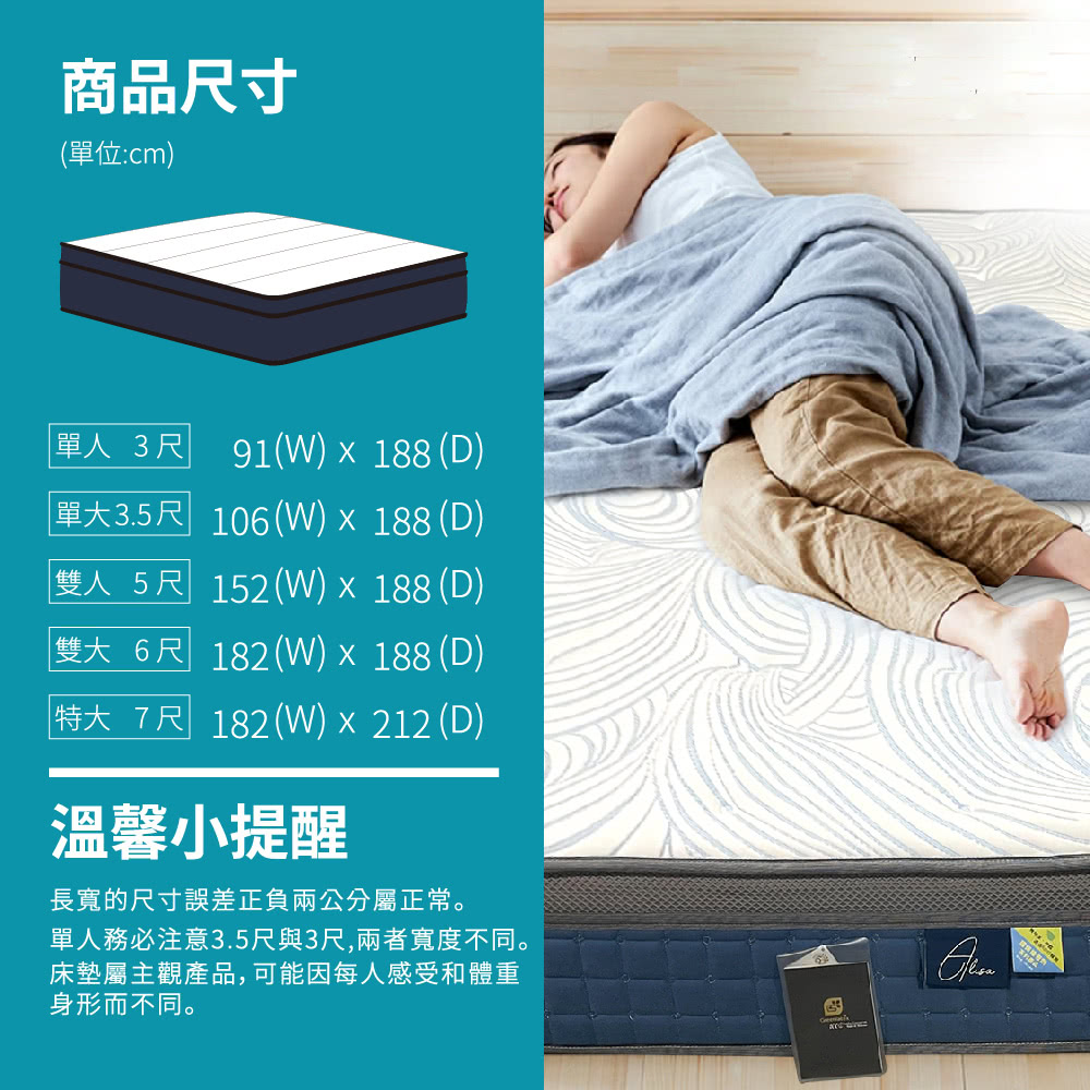 商品尺寸(單位:cm)單人3尺91(W)  188 (D)單3.5尺 106(W)  188 (D)「雙人5尺 152(W) × 188 (D)雙大6尺 182(W)  188 (D)特大 7尺 182(W) x 212 (D)溫馨小提醒長寬的尺寸誤差正負兩公分屬正常。單人務必注意3.5尺與3尺,兩者寬度不同。床墊屬主觀產品,可能因每人感受和體重身形而不同。