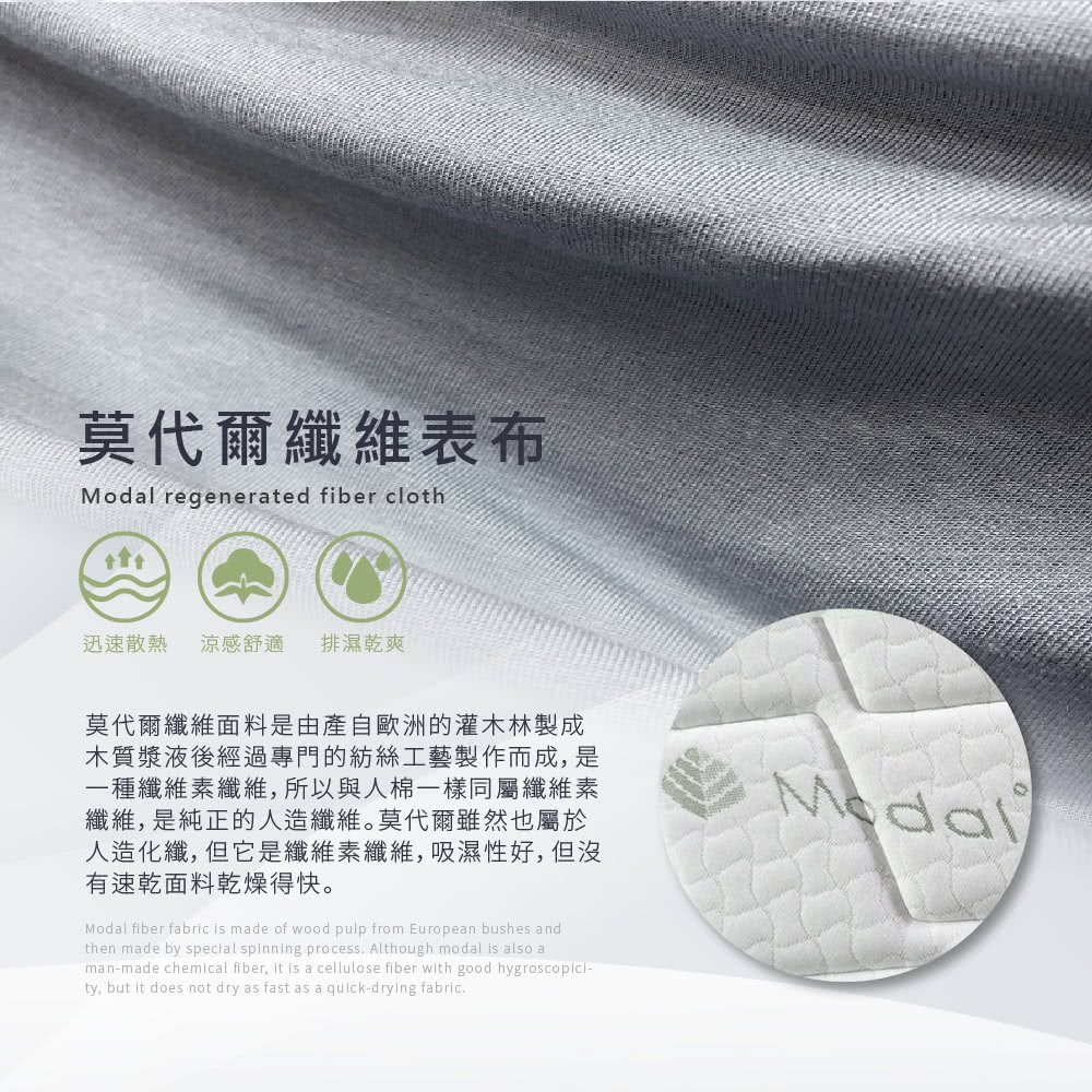 莫代爾纖維表布Modal regenerated fiber cloth迅速散熱 涼感舒適 排濕乾爽莫代爾纖維面料是由產自歐洲的灌木林製成木質漿液後經過專門的紡絲工藝製作而成,是一種纖維素纖維,所以與人棉一樣同屬纖維素纖維,是純正的人造纖維。莫代爾雖然也屬於人造化纖,但它是纖維素纖維,吸濕性好,但沒有速乾面料乾燥得快。Modal fiber fabric is made of wood pulp from European bushes andthen made by special spinning process Although modal is also aman-made chemical fiber, it is a cellulose fiber with good hygroscopici-ty, but it does not dry as fast as a quick-drying fabric.