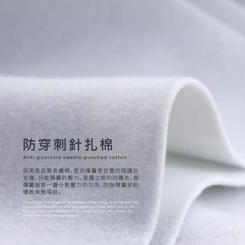 防穿刺針扎棉Anti-puncture needle-punched cotton採用高品質長纖棉,提供彈簧更密實的保護及支撐,分散彈簧的壓力,是獨立筒的防護衣,替彈簧做第一層分散壓力的功用,防指彈簧穿刺導致床墊塌陷。The purpose is to disperse the pressure of the spring It can be said thatit is a protective clothing with an independent tube, which acts as thefirst layer of dispersing pressure for the spring, and also protects thespring from being directly stressed.