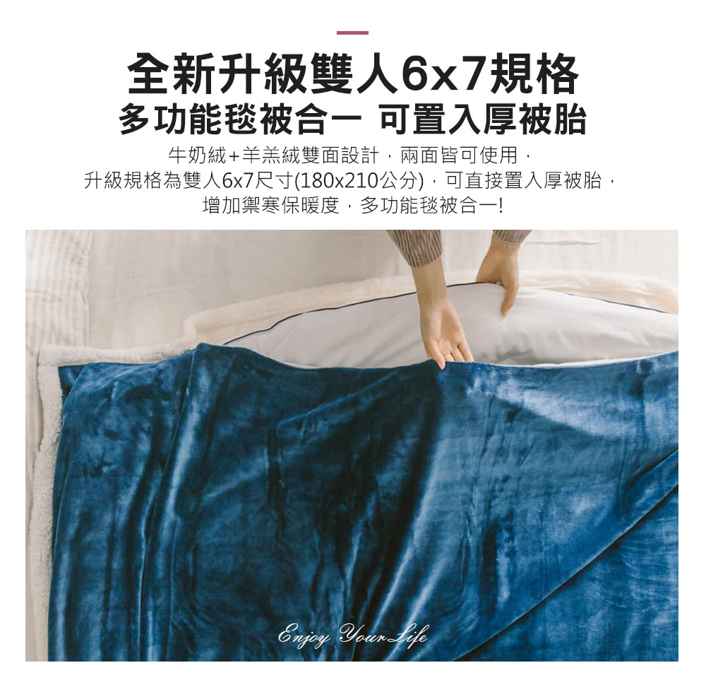 全新升級雙人6x7規格 多功能毯被合 可置入厚被胎 牛奶絨羊羔絨雙面設計,兩面皆可使用, 升級規格為雙人6x7尺寸180x210公分,可直接置入厚被胎, 增加禦寒保暖度,多功能毯被合一 