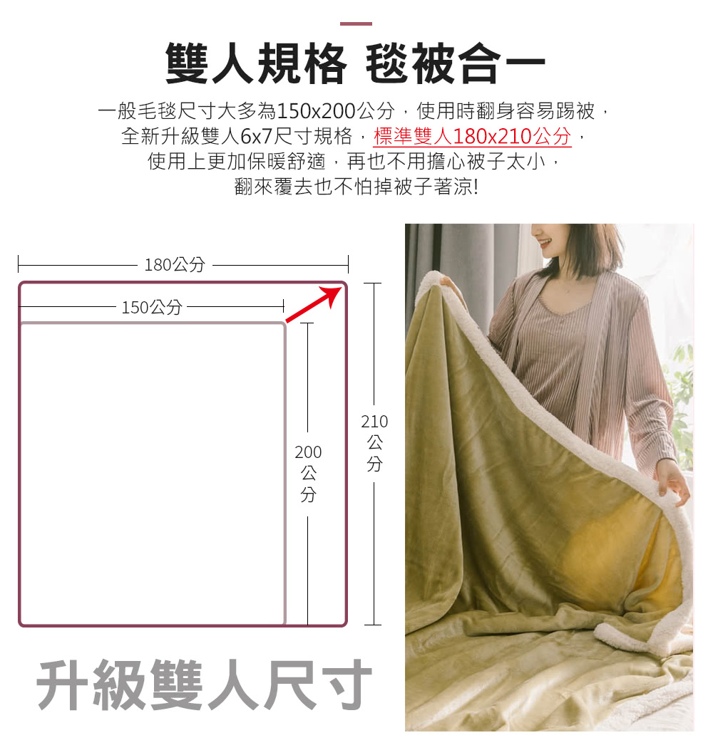 一般毛毯尺寸大多為150x200公分,使用時翻身容易踢被,