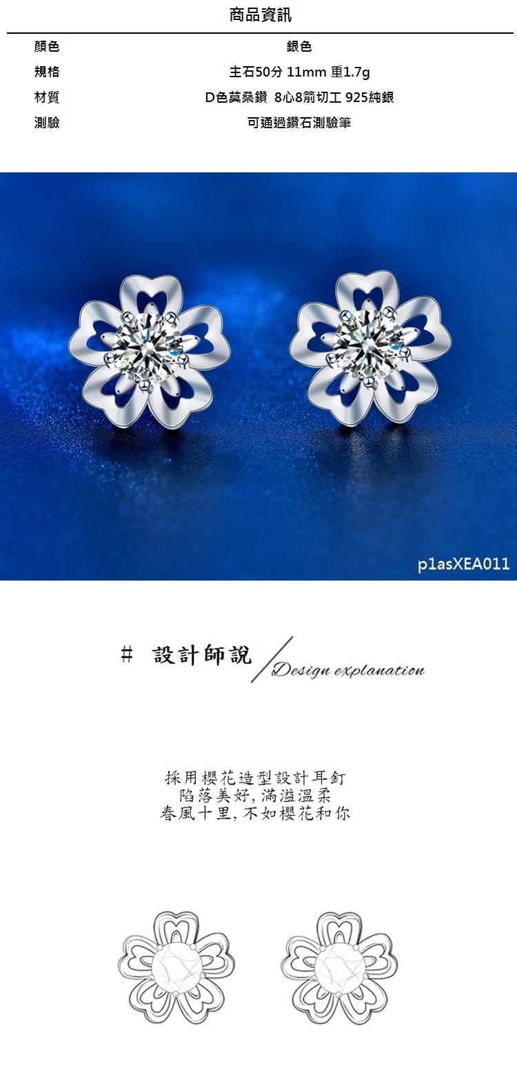 D色莫桑鑽 8心8箭切工 925純銀