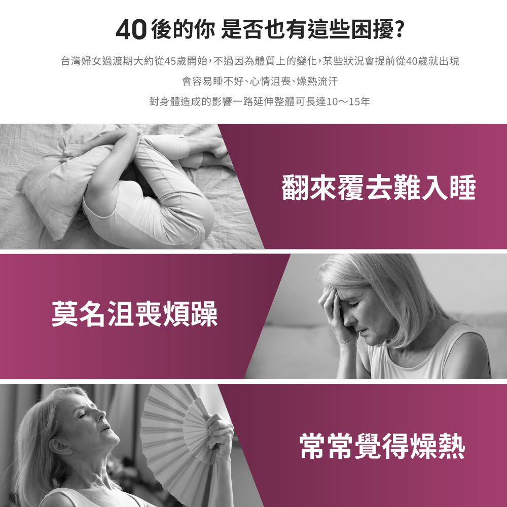 台灣婦女過渡期大約從45歲開始,不過因為體質上的變化,某些狀況會提前從40歲就出現