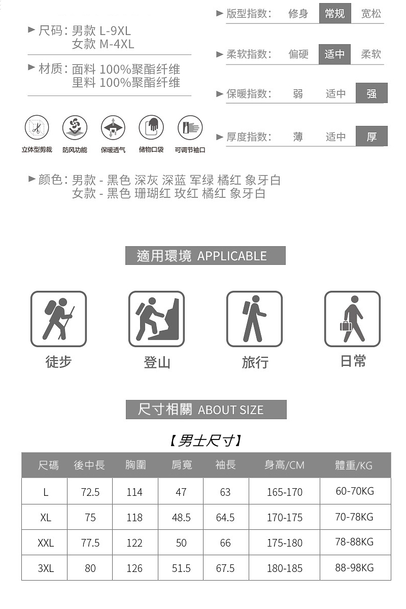 立体型剪裁 防风功能 保暖透气 储物口袋 可调节袖口
