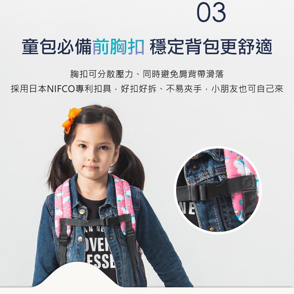 童包必備前胸扣 穩定背包更舒適 胸扣可分散壓力、同時避免肩背帶滑落 採用日本NIFCO專利扣具,好扣好拆、不易夾手,小朋友也可自己來 