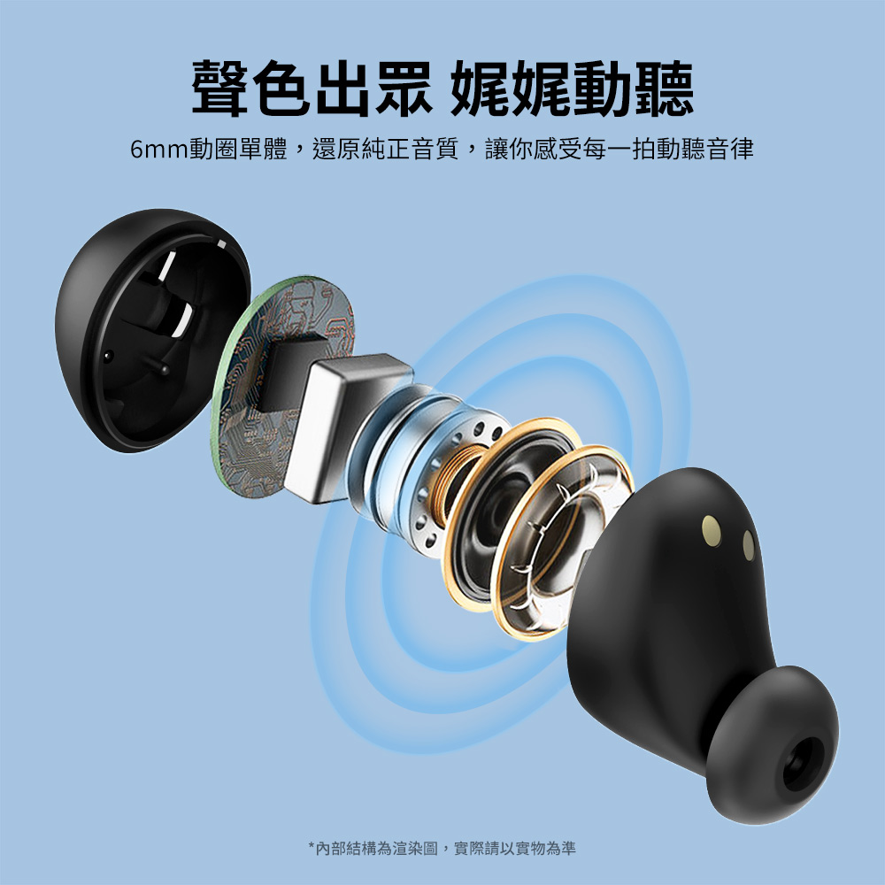 聲色出眾 娓娓動聽 6mm動圈單體,還原純正音質,讓你感受每一拍動聽音律 內部結構為渲染圖,實際請以實物為準 