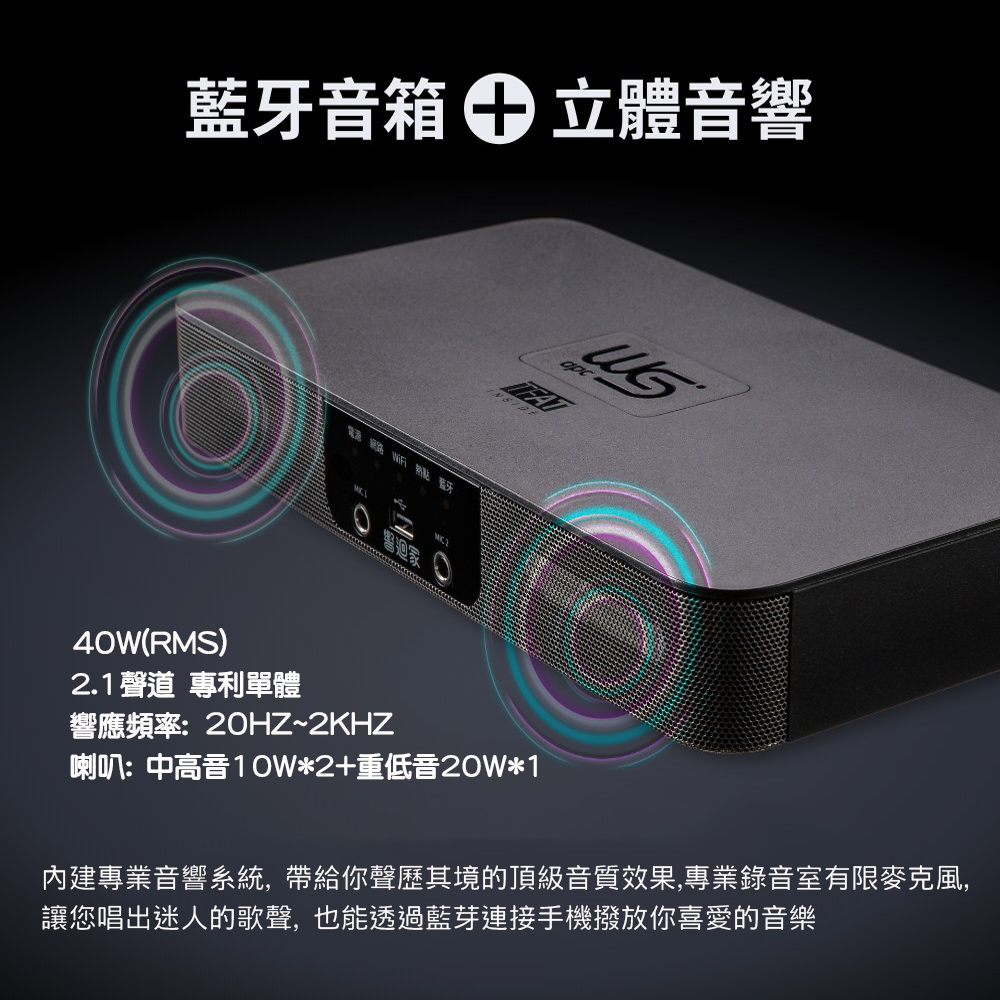 內建專業音響系統,帶給你聲歷其境的頂級音質效果,專業錄音室有限麥克風,