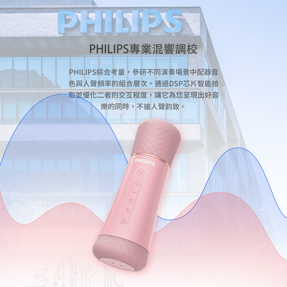 PHILIPS專業混響調校 PHILIPS綜合考量,參研不同演奏場景中配器音 色與人聲頻率的組合層次。通過DSP芯片智能拾 取並優化二者的交互程度,讓它為您呈現出好音 樂的同時,不搶人聲韵致。 