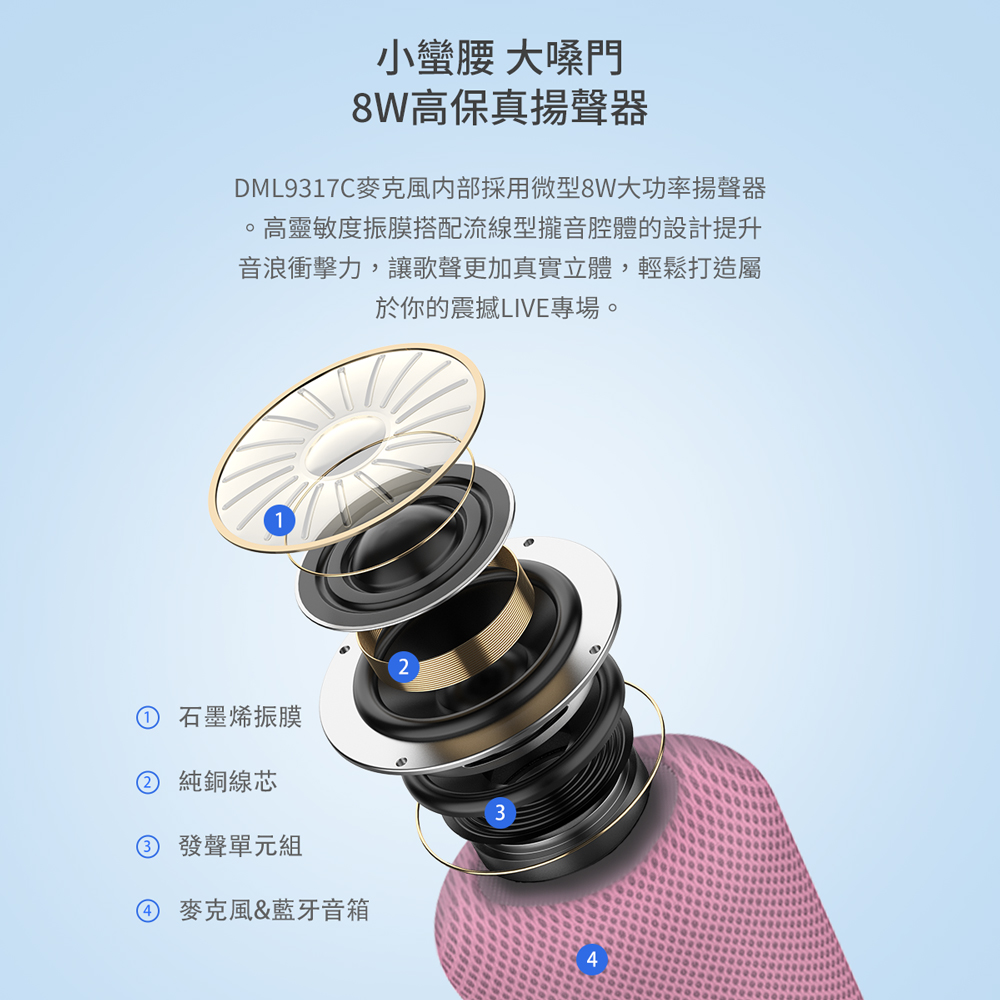 DML9317C麥克風内部採用微型8W大功率揚聲器