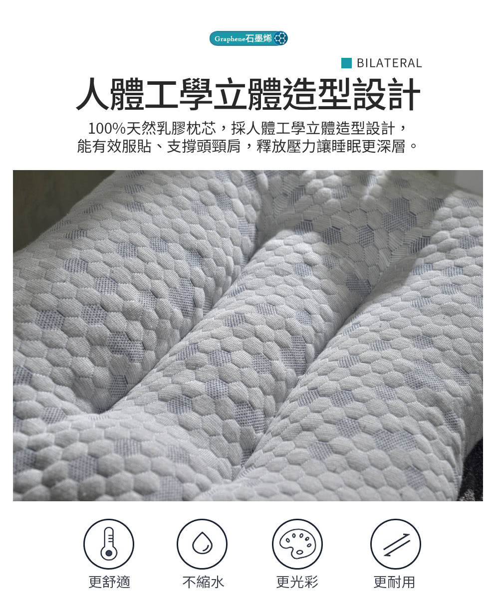 100%天然乳膠枕芯,採人體工學立體造型設計,