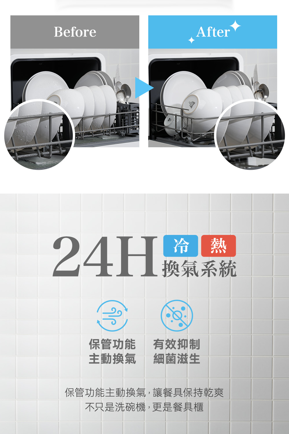 保管功能主動換氣,讓餐具保持乾爽