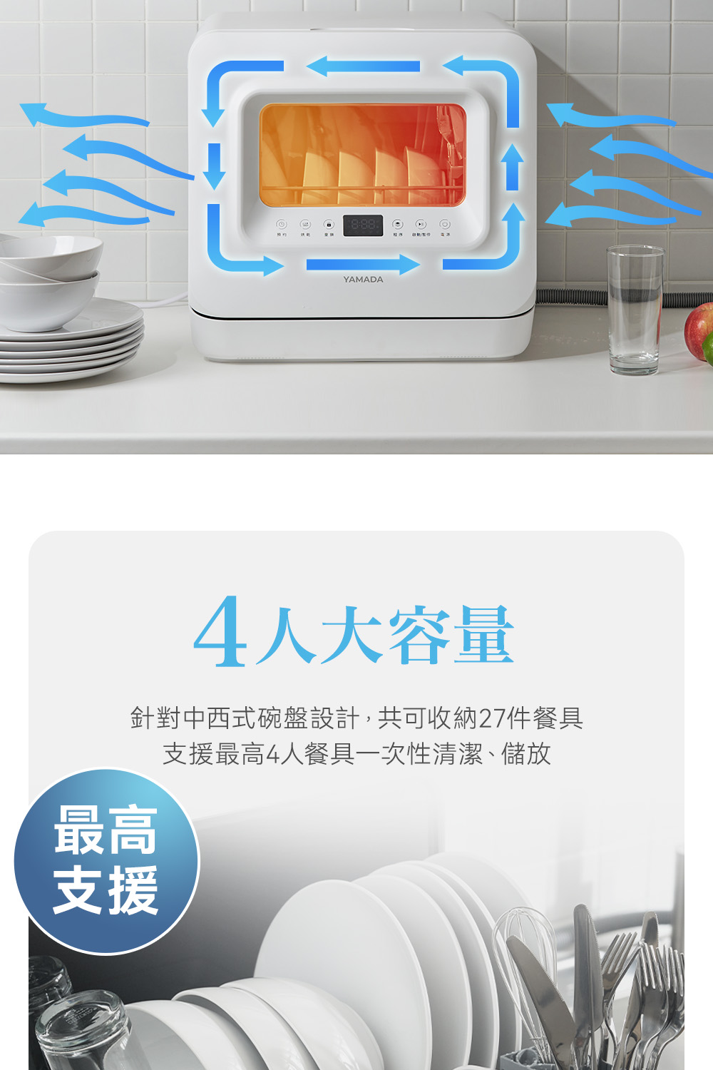 最高 支援 4人大容量 針對中西式碗盤設計,共可收納27件餐具 支援最高4人餐具一次性清潔、儲放 
