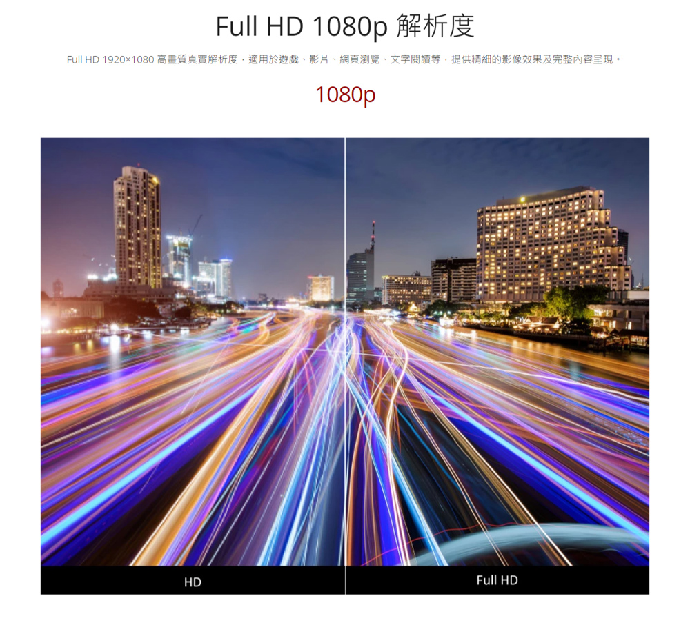Full HD 1080p 解析度 Full HD 19201080 高畫質真實解析度,適用於遊戲、影片、網頁瀏覽、文字閱讀等,提供精細的影像效果及完整內容呈現。 