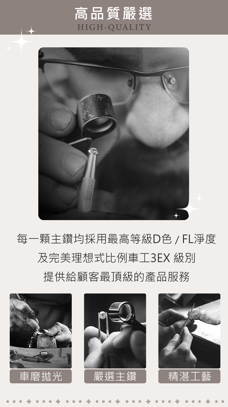 每一顆主鑽均採用最高等級D色FL淨度
