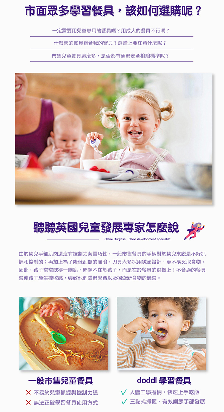 由於幼兒手部肌肉還沒有控制力與靈巧性,一般市售餐具的手柄對於幼兒來說是不好抓