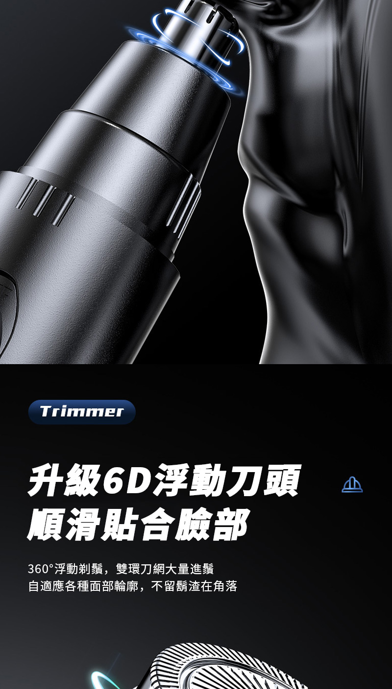 升級6D浮動刀頭 順滑貼合臉部 360浮動剃鬚,雙環刀網大量進鬚 自適應各種面部輪廓,不留鬍渣在角落 