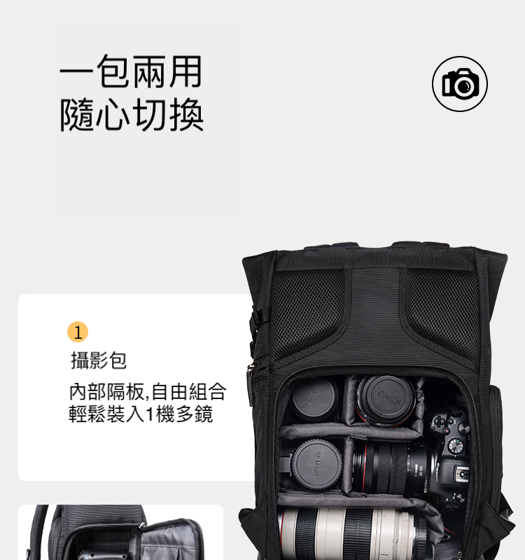 一包兩用 隨心切換 攝影包 內部隔板,自由組合 輕鬆裝入1機多鏡 