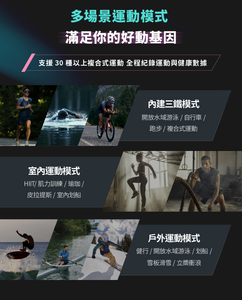 支援 30 種以上複合式運動 全程紀錄運動與健康數據