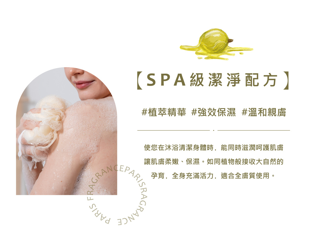 SPA級潔淨配方 植萃精華 強效保濕 溫和親膚 使您在沐浴清潔身體時,能同時滋潤呵護肌膚 讓肌膚柔嫩、保濕。如同植物般接收大自然的 孕育,全身充滿活力,適合全膚質使用。 