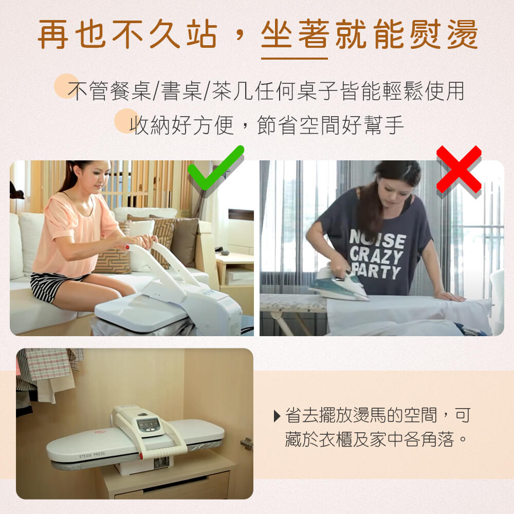 再也不久站,坐著就能熨燙 不管餐桌書桌茶几任何桌子皆能輕鬆使用 收納好方便,節省空間好幫手 省去擺放燙馬的空間,可 藏於衣櫃及家中各角落。 