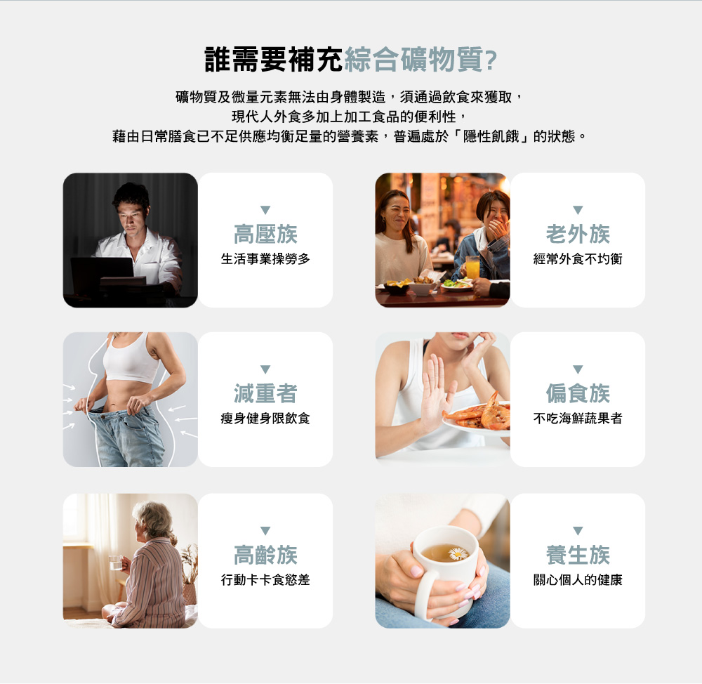 藉由日常膳食已不足供應均衡足量的營養素,普遍處於隱性飢餓的狀態。