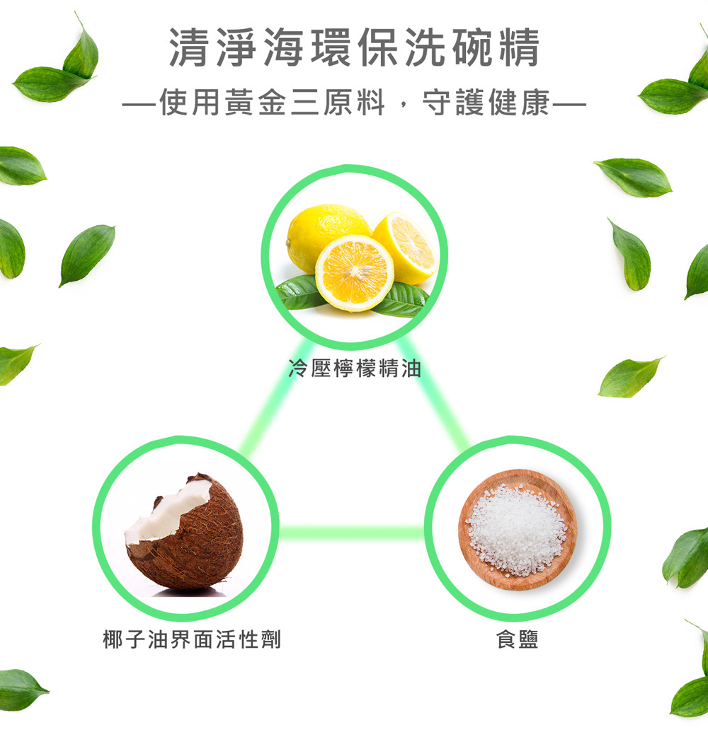 清淨海環保洗碗精 使用黃金三原料,守護健康 椰子油界面活性劑 冷壓檸檬精油 食鹽 