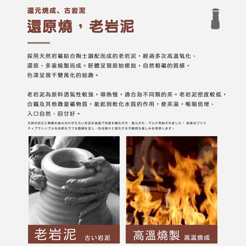 老岩泥為原料透氣性較強,導熱慢,適合泡不同類的茶。老岩泥密度較低,