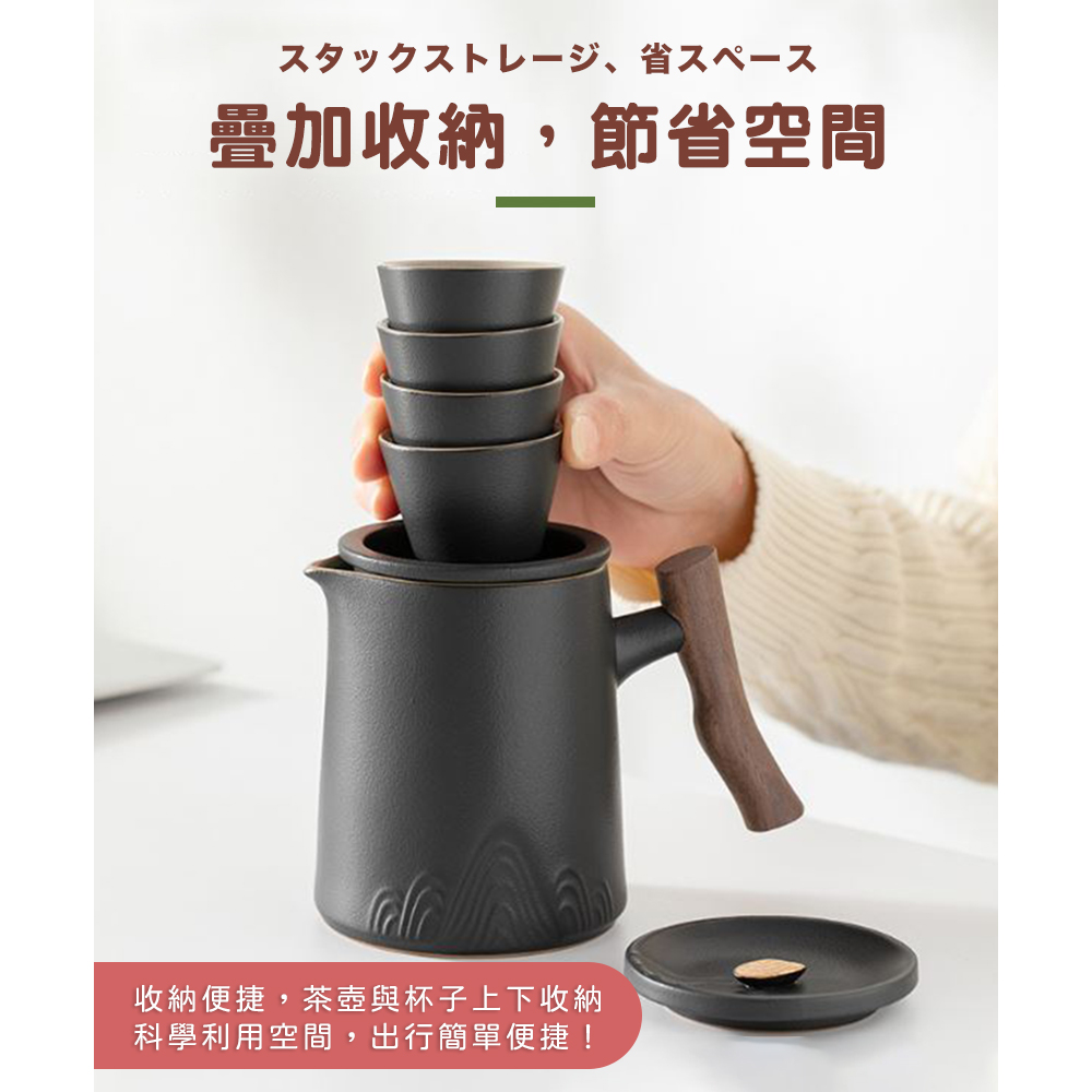 、 省 疊加收納,節省空間 收納便捷,茶壺與杯子上下收納 科學利用空間,出行簡單便捷 