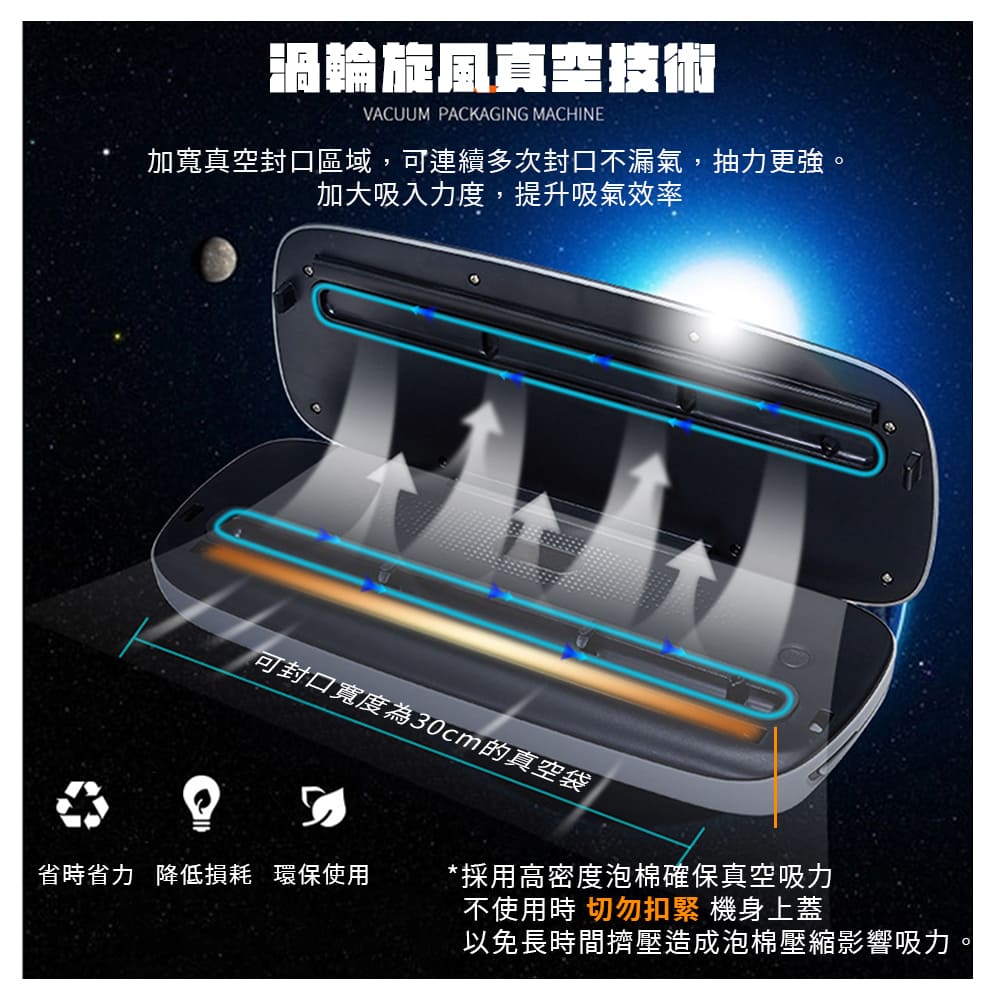 加寬真空封口區域,可連續多次封口不漏氣,抽力更強。