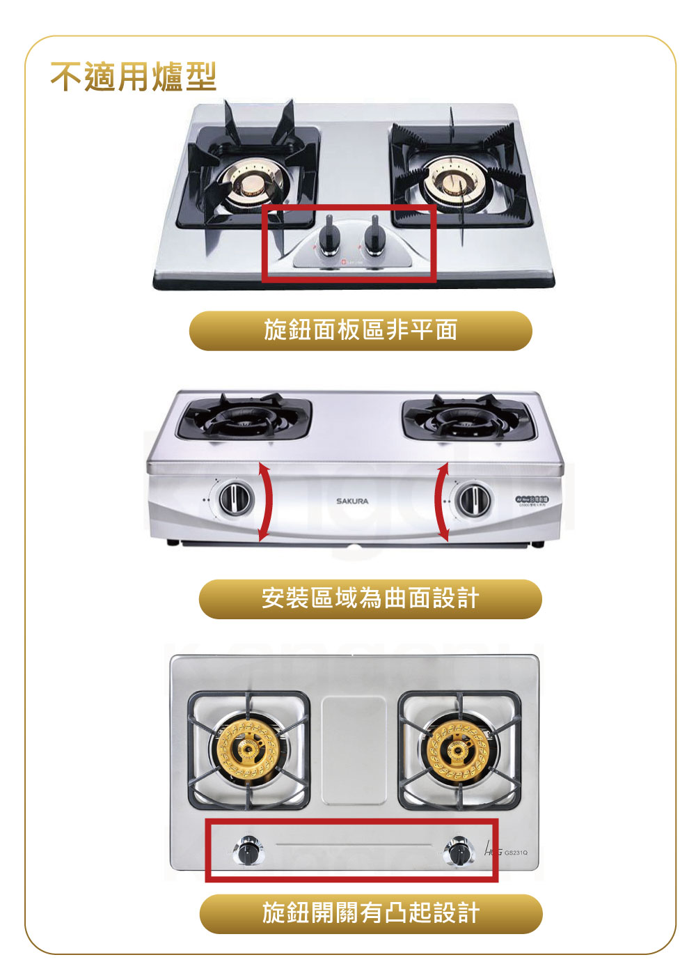 不適用爐型 旋鈕面板區非平面 安裝區域為曲面設計 旋鈕開關有凸起設計 