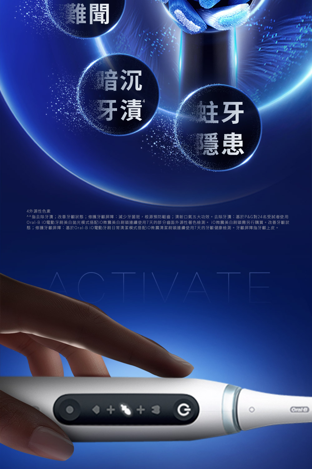 難聞暗沉牙漬蛀牙隱患4外源性色素^^去除牙瀆;改善牙齦狀態;修護牙齦屏障:減少牙菌斑,根源預防齒;清新口氣五大功效。去除牙瀆:基於P&對24名受試者使用-B電動牙刷美白拋光模式搭配iO美白刷頭連續使用7天的部分齒面外源性著色檢測美白刷頭需另行購買。改善牙齦狀態;修護牙齦屏障:基於Oral-BO電動牙刷日常清潔模式搭配iO微震清潔刷頭連續使用7天的牙齦健康檢測。牙齦屏障指牙齦上皮。ACTIVATE GOral