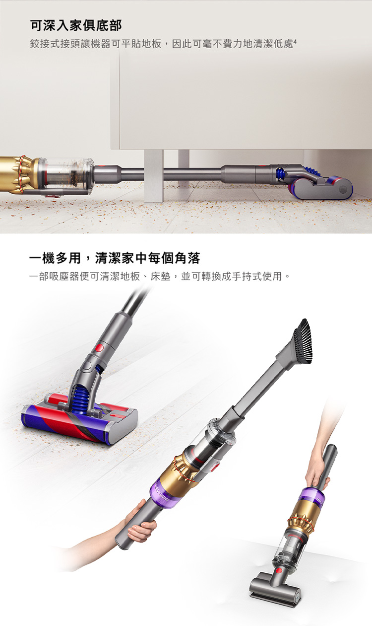 可深入家俱底部 鉸接式接頭讓機器可平貼地板,因此可毫不費力地清潔低處 一機多用,清潔家中每個角落 一部吸塵器便可清潔地板、床墊,並可轉換成手持式使用。