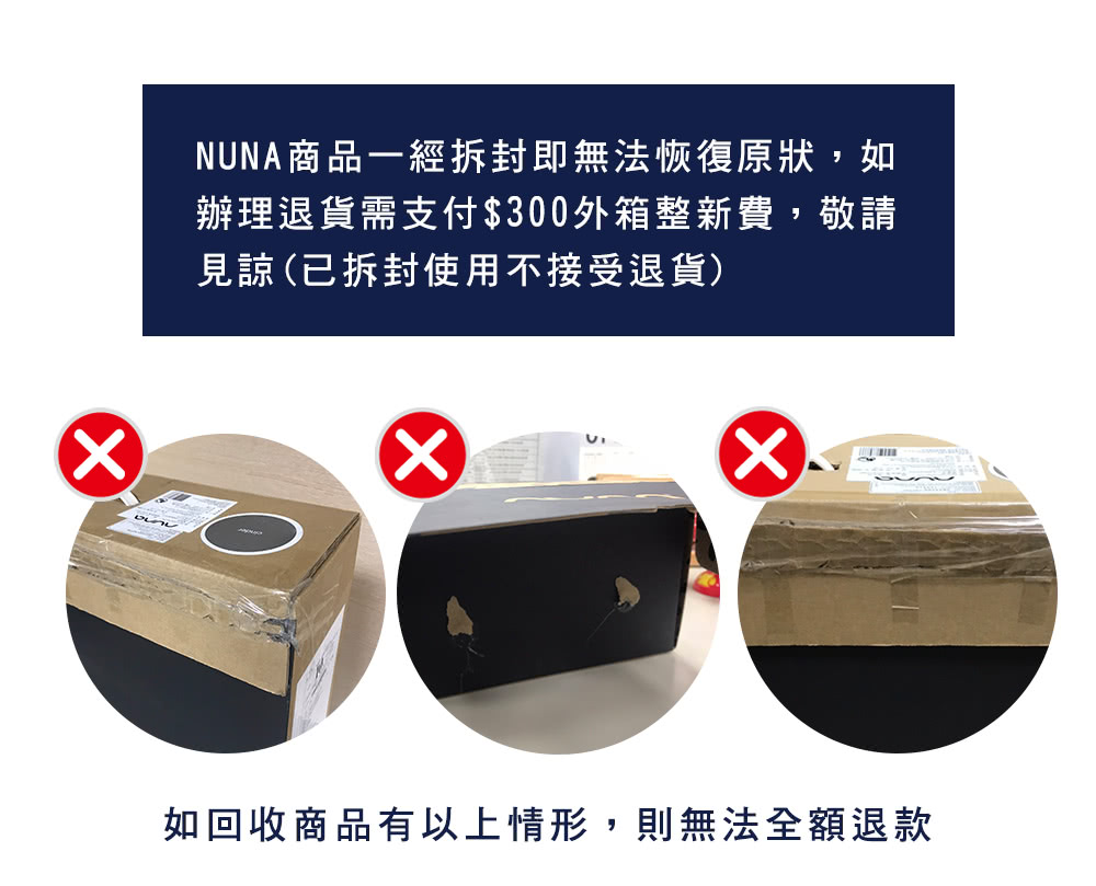 NUNA商品一經拆封即無法恢復原狀,如 辦理退貨需支付300外箱整新費,敬請 見諒已拆封使用不接受退貨 如回收商品有以上情形,則無法全額退款