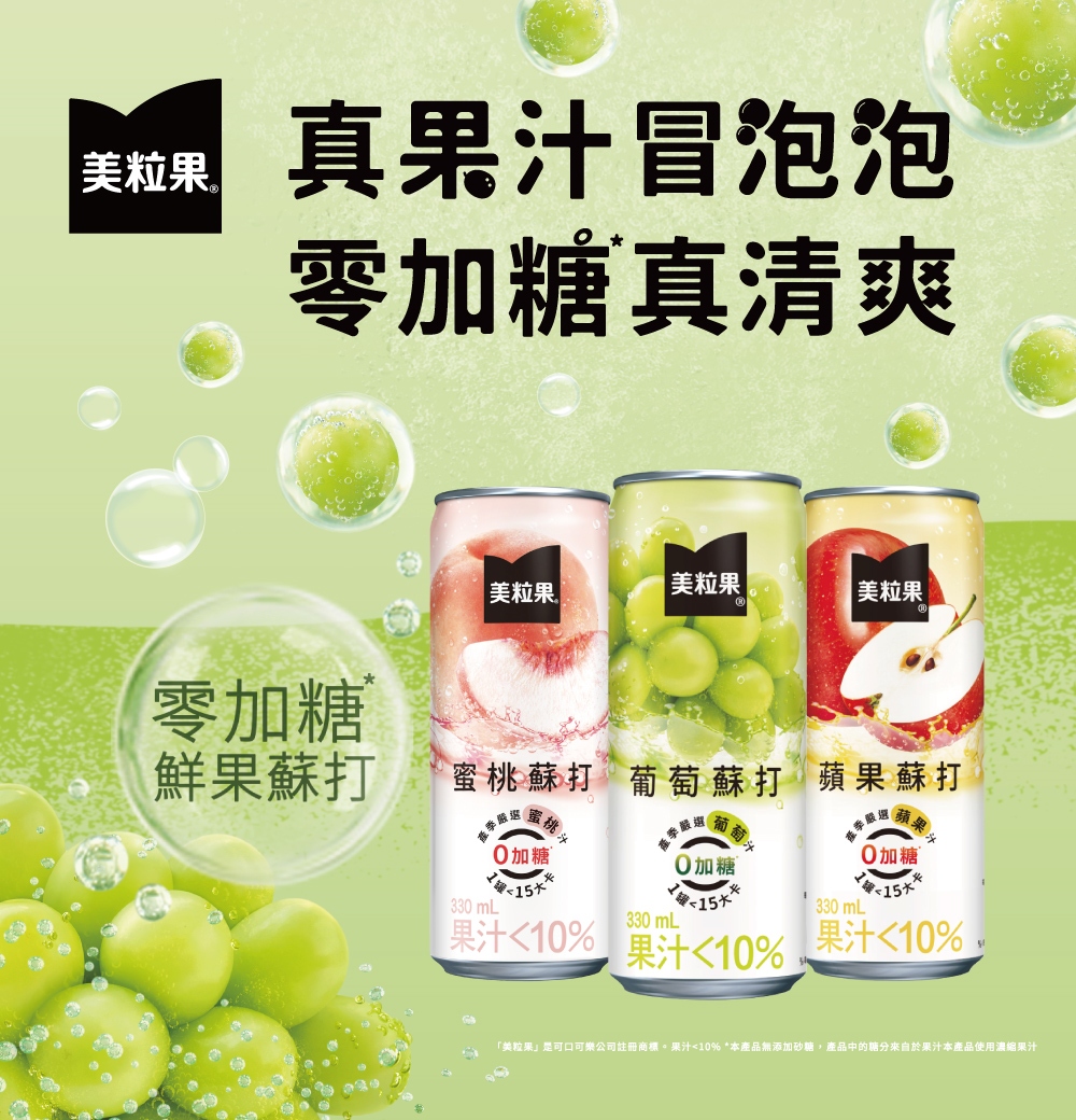 美粒果是可口可樂公司註冊商標。果汁10% 本產品無添加砂糖,產品中的糖分來自於果汁本產品使用濃縮果汁