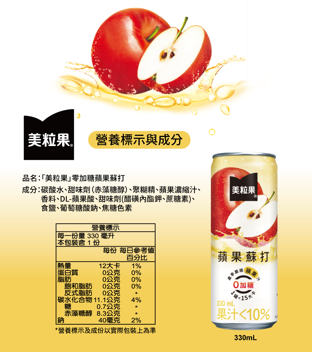 成分碳酸水、甜味劑赤藻糖醇、聚糊精、蘋果濃縮汁、