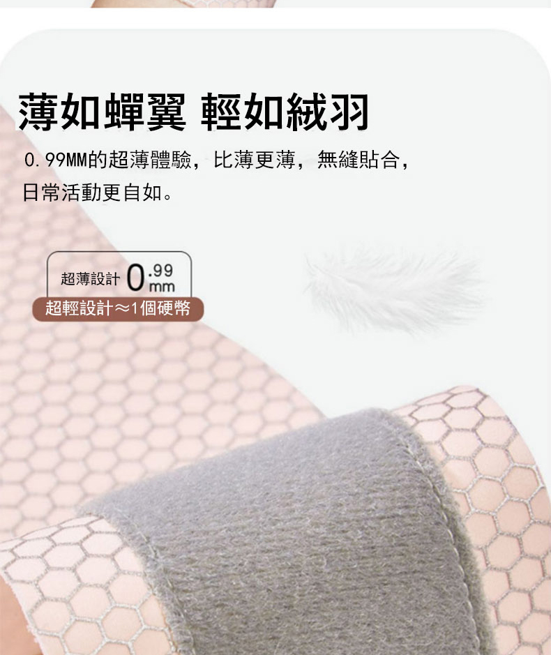 薄如蟬翼 輕如絨羽 0. 99MM的超薄體驗,比薄更薄,無縫貼合, 日常活動更自如。 超薄設計 超輕設計1個硬幣 