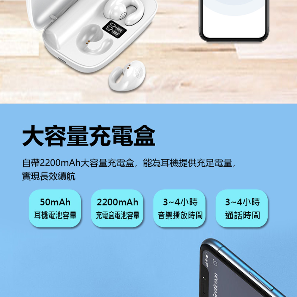 自帶2200mAh大容量充電盒,能為耳機提供充足電量,