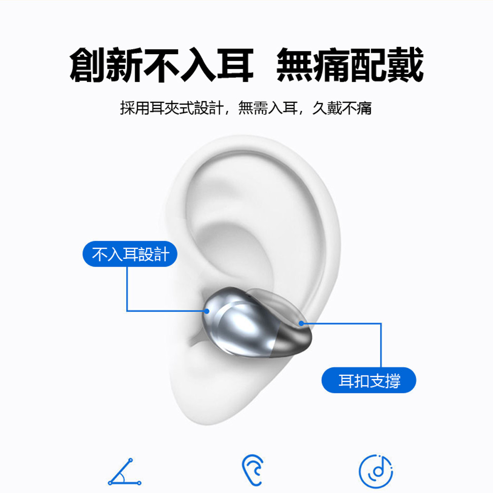 創新不入耳 無痛配戴 採用耳夾式設計,無需入耳,久戴不痛 不入耳設計 耳扣支撐 