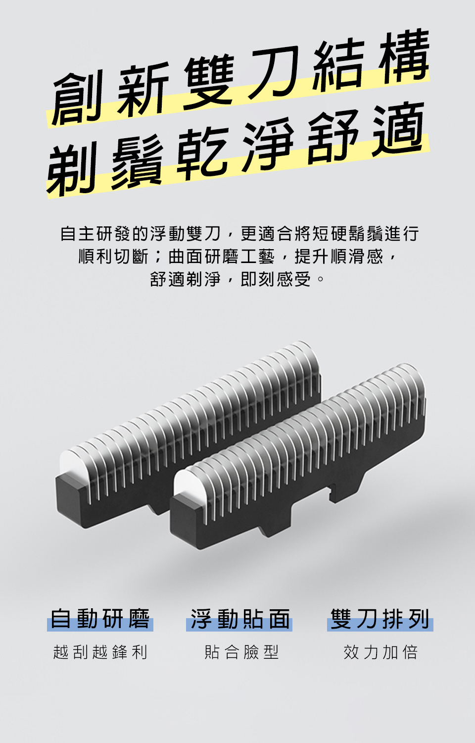 自主研發的浮動雙刀,更適合將短硬鬍鬚進行